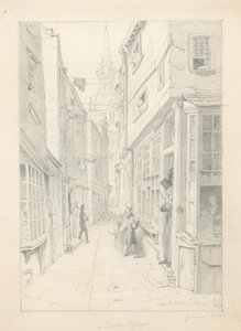 1828年7月、ロンドンのセントマーチン教会近くの裁判所または通路 作： English School