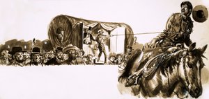 カウボーイは、彼が離れて走るときに投げ縄にロープをかけられます 作： English School