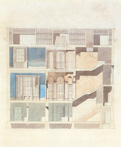 古典的なタウンハウスのインテリアの断面デザイン、c.1840（ペンとインク付きのトイレ） 作： English School