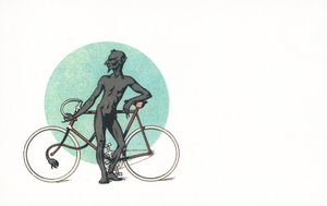 自転車の横に立つ悪魔のような姿 作： English School