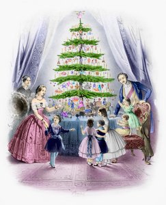 クリスマスツリーの周りに立つ家族（彩色済み彫刻 作： English School