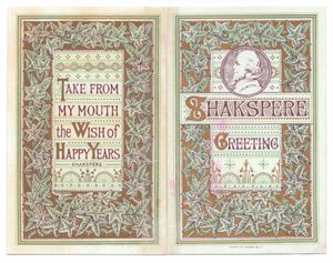 ウィリアム・シェイクスピアを描いたヴィクトリア朝のグリーティングカードの表裏（1880年頃）（カラーリトグラフ 作： English School