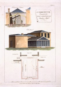 1806年、ミドルセックスのヘンドンにあるリチャードディキンソンEsqのネオクラシック様式の家に取り付けられたゴシック様式のディテールが施された温室