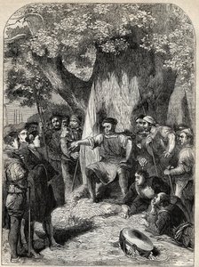 1549年のロバート・ケットの反乱の際のノーフォークの反体制派の一団 - エドワード6世の時代にイングランドのノーフォークで起きた反乱 - タンナーのケット（1492-1549） 改革の樫の木の下で信奉者たちを激励する - "History of England "のエングレーヴィング b