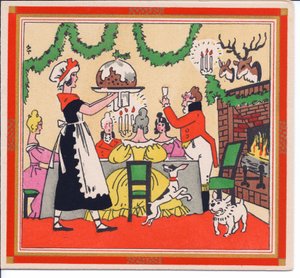 1920年頃のクリスマスプディングを出すメイドの手塗りのフランスのPochoirChristmasカード 作： English School