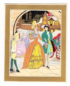 1920年頃、リージェンシードレスを着た2人の訪問者に挨拶するフットマンを描いた手描きのフレンチポコワールクリスマスカード