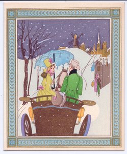 1920年頃に雪の中を走っているオープンキャリッジのRencecyカップルの手塗りのフランスのpochoirクリスマスカード 作： English School