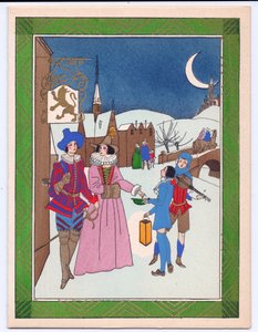 1920年頃のパフォーマンスに対して報酬を与えられたストリートミュージシャンのチューダーシーンの手描きのフランスポチョアクリスマスカード 作： English School