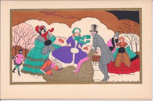 1920年ごろのそりの付いたビクトリア朝のアイススケート選手の手塗りのフランスポチョアクリスマスカード 作： English School