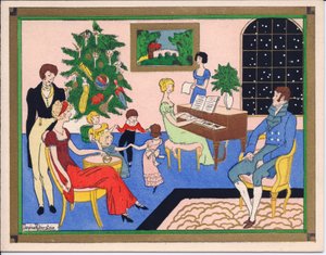 1920年頃のダンスと音楽のエンターテインメントを含む、リージェンシーファミリーのクリスマスパーティーの手塗りのフランスのpochoirクリスマスカード 作： English School
