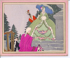 1920年頃のセダンの椅子から降りて、黒人のしもべと一緒にアーミンの毛皮の裏地のコートを着た女性に出会った、困惑した男の手塗りのフランスポチョアクリスマスカード