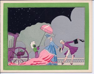 1920年頃、雪よけの傘を差した黒人の召使いに付き添われた大夫人にお辞儀をする廷臣の手彩色フランス製ポショワール・クリスマスカード（ステンシル） 作： English School