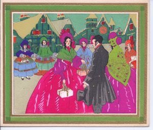 1920年頃、シルクハットの紳士と会話するクリノリンドレスとボンネットを身に着けた女性のグループの、手塗りのフランスのpochoirクリスマスカード。 作： English School