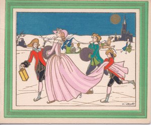 1920年頃、ランタンとトレイルを持ったアテンダントと一緒に流れるピンクのドレスのアイススケートをしている女性の手彩色のフレンチポコワールクリスマスカード