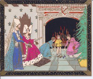 1920年頃に靴を温めている大きな暖炉の前で蝶の帽子と子供を着た中世の女性たちの手塗りのフランスポチョアクリスマスカード 作： English School