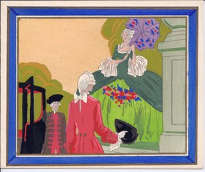 1920年頃、大夫人が馬車に乗り込むのを待つ、かつらの男性とフットマンの手彩色フランス製ポショワール・グリーティングカード（ステンシル）。