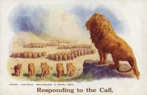 戦争中のイギリスとその帝国を象徴するライオンとその誇り（カラーリトグラフ） 作： English School