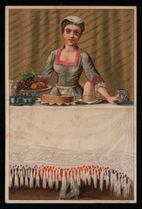 メイドや給仕の女の子がテーブルに料理を並べる様子、グリーティングカード。(クロモリト) 作： English School