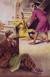 縛られ、猿轡かませて床に座り、2 人の少女が見守る男性 (カラー リソ) 作： English School
