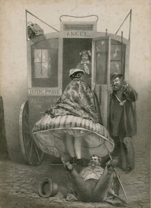 男性が石畳の通りを滑り、馬車に乗り込む女性の服を見上げる 作： English School