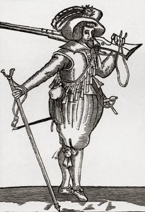 ジェームズ1世の治世中の銃士、1893年に出版されたJRグリーンの「イギリス人の短い歴史」より 作： English School