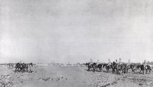 1917年3月11日、カジマインの降伏でトルコ降伏に近づくためにRWヒューイットDSO中佐を指揮する第14騎兵隊のパトロール、1918年に発行（フォトリソ） 作： English School