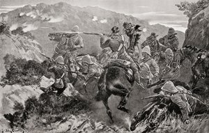 第2次ボーア戦争中、クワズールー・ナタール州ハッサー・ヒルのトゥゲラ川付近で奇襲を受けた第13ハッサーのピケット。 作： English School