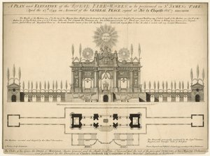 1749年4月27日、セントジェームスパークで行われる王立花火の計画と立面図 作： English School