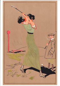 コミックとユーモラスな姿勢の2人のゴルファーの版画、1920年頃 作： English School