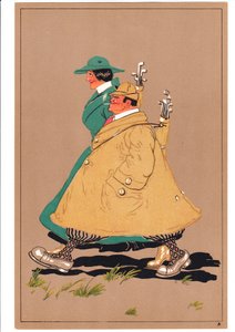 コミックとユーモラスな姿勢の2人のゴルファーの版画、1920年頃 作： English School
