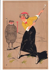 コミックとユーモラスな姿勢の2人のゴルファーの版画、1920年頃 作： English School