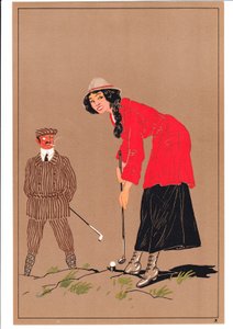 コミックとユーモラスな姿勢の2人のゴルファーの版画、1920年頃 作： English School