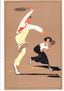 コミックでユーモラスな姿勢の2人のテニス選手のプリント、1920年頃 作： English School