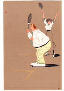 コミックでユーモラスな姿勢の2人のテニス選手のプリント、1920年頃 作： English School