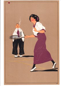 コミックでユーモラスな姿勢の2人のテニス選手のプリント、1920年頃 作： English School