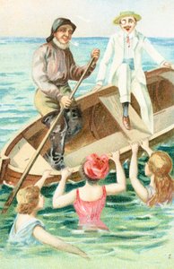 入浴者がボートの側面を引っ張るようにボートを漕ぐ船員 作： English School