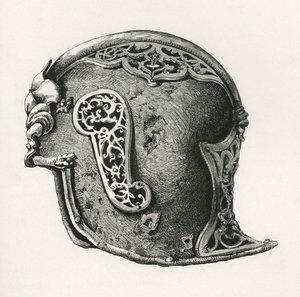 A sallet, aka salade or schaller war helmet, A.D. 1450, from The British Army: Its Origins, Progress and Equipment, published 1868.   1439284   ja       japanese Successfully Translated  Original: Views in England, Scotland and Wales: Nook edn, near Ambles 作： English School