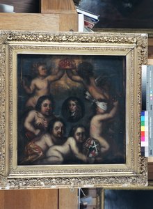 王冠を差し出されたリチャード・クロムウェルを風刺した作品、1659年頃（油彩・パネル 作： English School