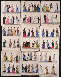 社交ダンスやウォーキングドレスなど、ビクトリア朝のファッションのセレクション、1876年頃（紙にトイレ） 作： English School