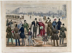 ロンドンのリージェンツパークでのビュー。1840年と1841年のウィンターファッションを示しています。 作： English School