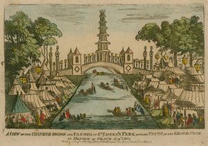 1814年8月1日、平和の名誉のグランドフェットでテントが張られたセントジェームスパークのチャイニーズブリッジとパゴダの眺め 作： English School