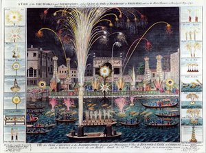 1749年5月15日（月）、ホワイトホールとテムズ川のグレースリッチモンド公グレースでの火花とイルミネーションの眺め（手描きの彫刻） 作： English School