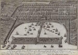 アレクサンドリアの街と港とエジプトのファロス島の景色、1738年 作： English School