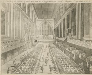 1761年の主市長の日に登場したギルドホールの内部の様子 作： English School