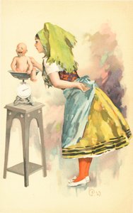 一連の体重計で泣いている赤ちゃんの体重を量る女性 作： English School