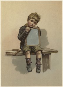 あごを黒板に乗せて泣いている少年 作： English School