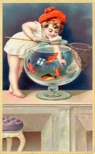 金魚鉢に漁網を持った幼児 作： English School