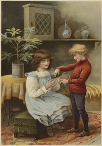 若い男の子が猫のゆりかごを手に巻きながら座っている女の子 作： English School
