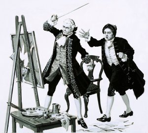 ホガースが描いた父親の不名誉な肖像画を、青年が剣で斬りつけた（紙にガッシュ 作： English School