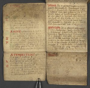 追加。 17367、年鑑からの f.10r、ドミニカル文字と黄金の数字の表を含む。 移動可能なごちそうを見つけるための指示。 聖人のカレンダー、エポック、イギリスの君主のリスト、天気予報、干支の影響 (vell 作： English School